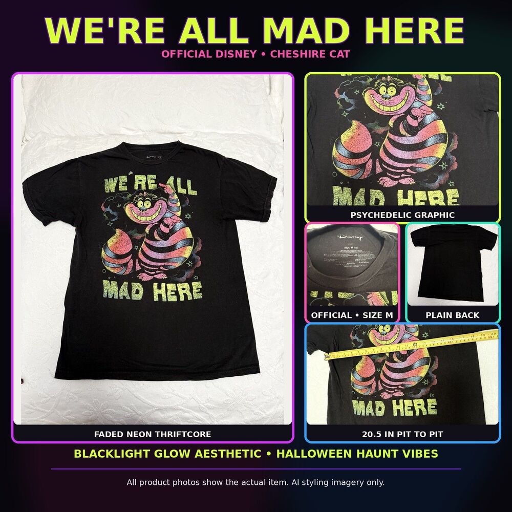 EUC Disney Cheshire Cat We’re All Mad Here Tee Neon Halloween Thriftcore stoner